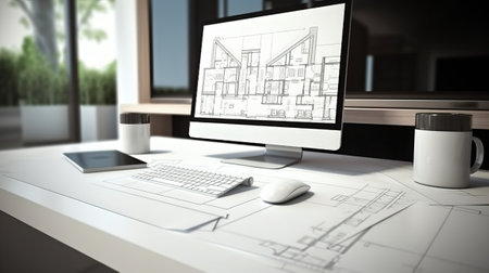 3d rendering of a desk with a computer and a construction planの素材