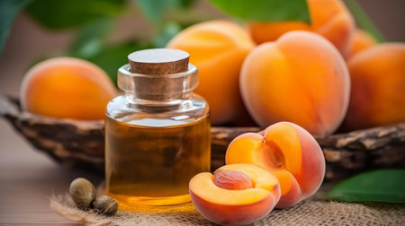 Apricot essential oil in a small glass bottle. Selective focus.の素材
