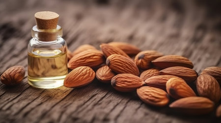 Almond essential oil in a small bottle. Selective focus. nature.の素材