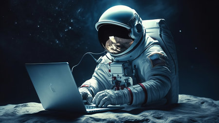 Astronaut working on his laptop while sitting on the moon.の素材