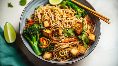 Bowl of asian noodle with tofu and vegetables on light backgroundの素材