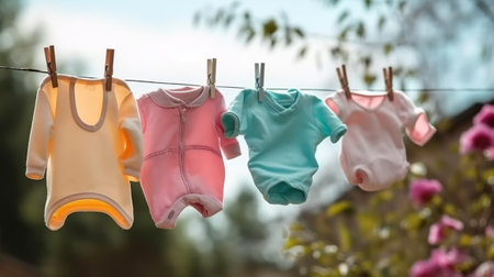 Baby clothes hanging on clothesline outdoors, closeup. Space for textの素材