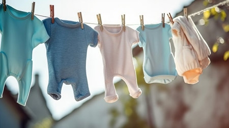 Baby clothes hanging on clothesline in sunny day. Selective focusの素材