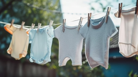 Baby clothes hanging on a clothesline. Baby clothes drying on a clothesline.の素材
