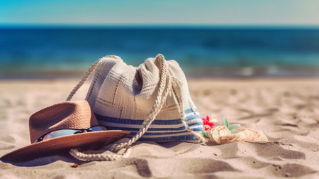 Beach accessories on the sand. Straw hat, sunglasses, starfish and seashells.の素材
