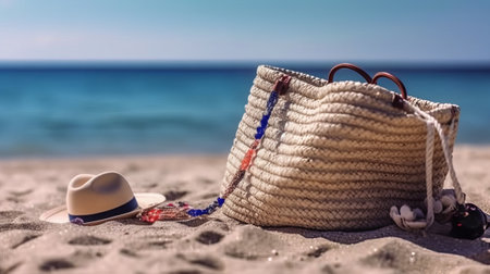 Beach accessories. Straw bag, hat, bracelet on the sand.の素材