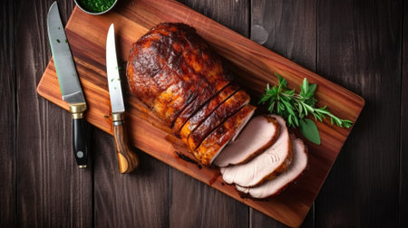 Roast pork on cutting board with herbs and spices on wooden backgroundの素材