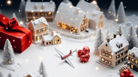 Christmas and New Year holiday background with toy airplane, houses, fir trees and gift box.の素材