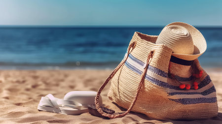 Beach bag with straw hat and flip flops on the sandの素材
