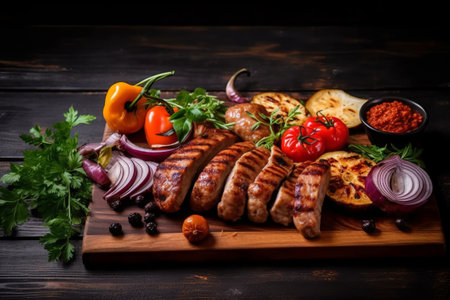 Grilled sausages with vegetables and spices on a wooden boardの素材