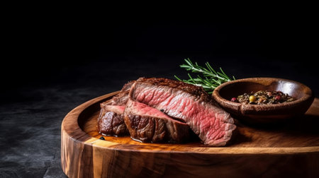 Grilled beef steak with spices and herbs on a wooden board.の素材