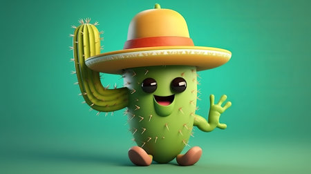 Cute Cactus Cartoon Mascot Character with Sombrero and Hatの素材
