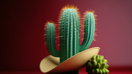 Cactus in a sombrero on a red background. 3d renderingの素材