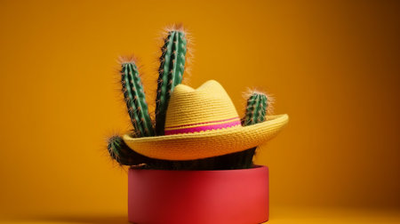 Cactus in a hat on a yellow background. Minimal conceptの素材