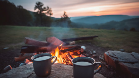 Cups of hot coffee on campfire in the mountains at sunsetの素材