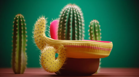 Cactuses in pots on a wooden table. Green background.の素材