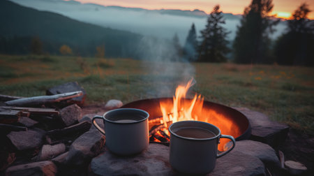 Cups of hot coffee on campfire in the mountains at sunriseの素材