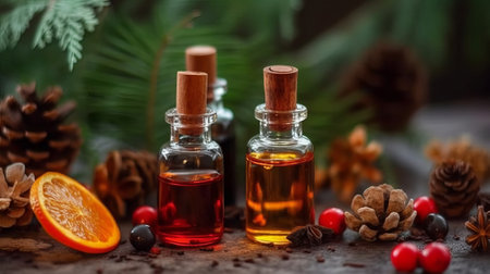 Citrus essential oil in a glass bottle on a wooden backgroundの素材