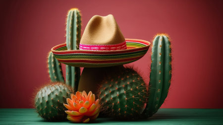 Mexican hat with cactus on red background. Copyspaceの素材