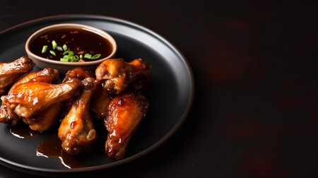 Roasted chicken wings with sweet and sour sauce on black plate.の素材