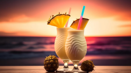 Pina colada cocktail on the beach at sunset. Toned.の素材