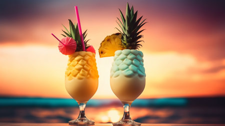 Pineapple and pineapple smoothie on the beach at sunset.の素材