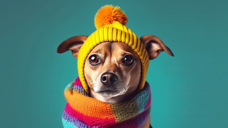 Funny dog in a warm hat and scarf on a blue backgroundの素材
