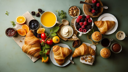 Breakfast with coffee and croissants on table. Top viewの素材