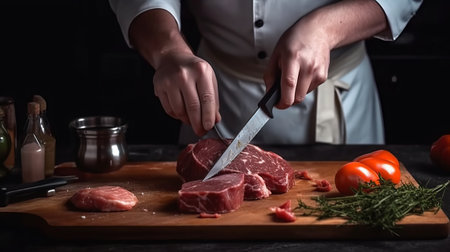 Chef cutting meat with a knife on a wooden cutting board.の素材