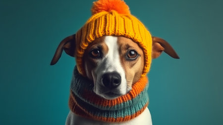 Funny dog in a hat and scarf on a blue background.の素材