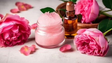 Spa still life with pink rose flowers and essential oil in a glass jar on a white wooden backgroundの素材