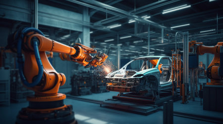 Automation industry robot arm system in factory for assembly line of automobile. 3D renderingの素材