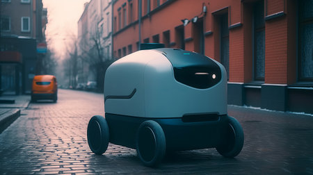 3D rendering of a small robot on the street in the cityの素材