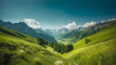 Panoramic view of the green grassy meadow in the mountainsの素材