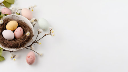 Easter eggs in nest with spring flowers on white background. Happy Easter concept.の素材
