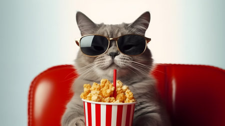 Cute cat in 3d glasses eating popcorn and watching movie.の素材