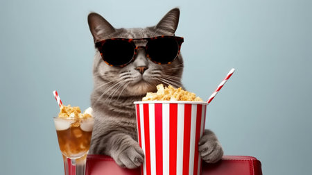 Cute cat in 3d glasses eating popcorn and watching movie.の素材