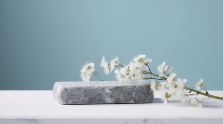 Minimalistic composition with natural stone and white flowers on blue backgroundの素材