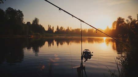 Fishing rod with reel on the background of the lake and sunsetの素材