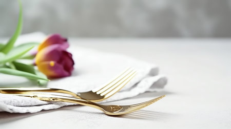 Elegant table setting with tulip flowers and vintage golden cutleryの素材