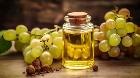Grape seed oil in a small bottle. Selective focus.の素材