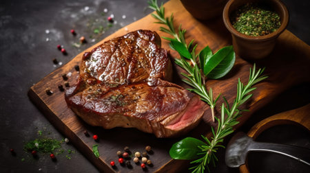 Grilled beef steak with herbs and spices on a dark background.の素材