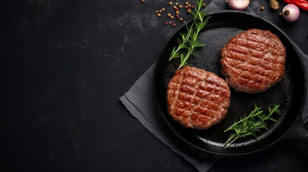 Grilled hamburger patties with rosemary and spices on black background. Top view with copy space.の素材