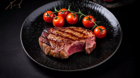 Grilled steak with cherry tomatoes on a black plate. Black background.の素材
