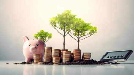 Piggy bank with coins and tree growing out of it. Concept of savingsの素材