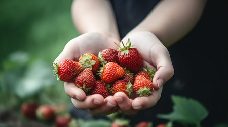 Closeup of a strawberry in the hands of a young woman.の素材