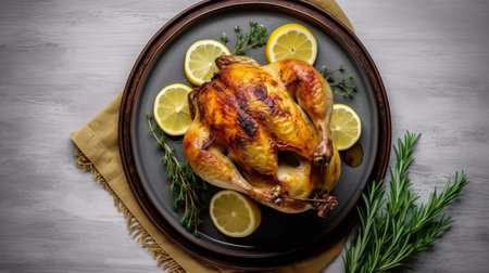 Roasted whole chicken with lemon and rosemary on a wooden backgroundの素材
