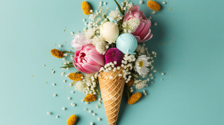 Ice cream cone with flowers on a blue background. Flat lay.の素材