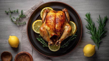 Whole roasted chicken with lemon and thyme on a wooden backgroundの素材