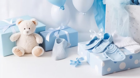 Baby accessories and toys on a white background. Baby shower concept.の素材